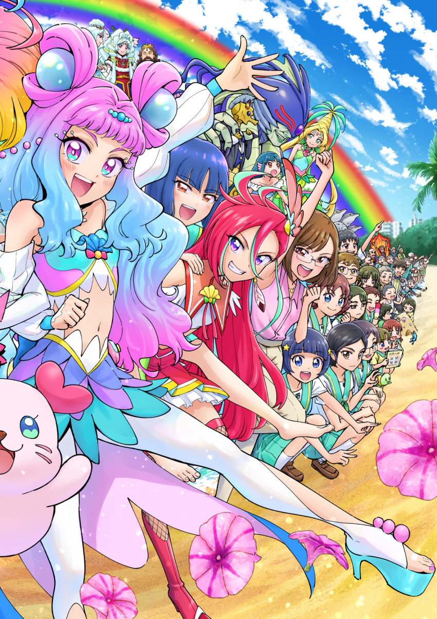 6+boys 6+girls :d aozora_middle_school_uniform arm_up beach blonde_hair blue_eyes blue_hair blue_sky blurry blurry_background bob_cut brown_eyes brown_hair butler_(precure) character_request clenched_hands closed_mouth clouds cloudy_sky collared_shirt commentary cure_flamingo cure_la_mer cure_oasis cure_summer day depth_of_field detached_sleeves dress earrings feather_earrings feathers glasses green_dress green_hair green_sailor_collar green_skirt grin hair_between_eyes hair_intakes hair_ornament hands_on_another's_shoulders highres holding itou_shin'ichi jewelry kururun_(precure) laura_la_mer leaning_forward locked_arms long_hair looking_at_another looking_at_viewer magical_girl midriff miniskirt multicolored_eyes multicolored_hair multiple_boys multiple_girls natsuumi_manatsu navel open_mouth outdoors pantyhose pearl_hair_ornament pink_eyes pink_hair pink_shirt pleated_skirt pointing pointing_up precure rainbow raised_fist red_eyes red_sailor_collar red_skirt rimless_eyewear sailor_collar sakuragawa_saki school_uniform sharon_(precure) shiratori_yuriko shirt short_hair short_sleeves skirt sky sleeveless sleeveless_dress sleeveless_shirt smile squatting standing standing_on_one_leg star_(symbol) star_hair_ornament streaked_hair takizawa_asuka textless_version the_witch_of_delays tropical-rouge!_precure very_long_hair violet_eyes white_pantyhose