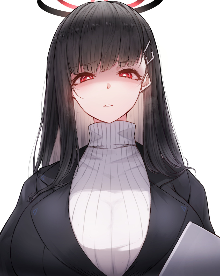 1girl absurdres black_hair black_jacket blue_archive breasts bright_pupils disgust hair_ornament hairclip halo highres jacket large_breasts long_hair looking_at_viewer parted_lips red_eyes ribbed_sweater rikuguma rio_(blue_archive) simple_background solo sweater turtleneck turtleneck_sweater upper_body white_background white_pupils white_sweater