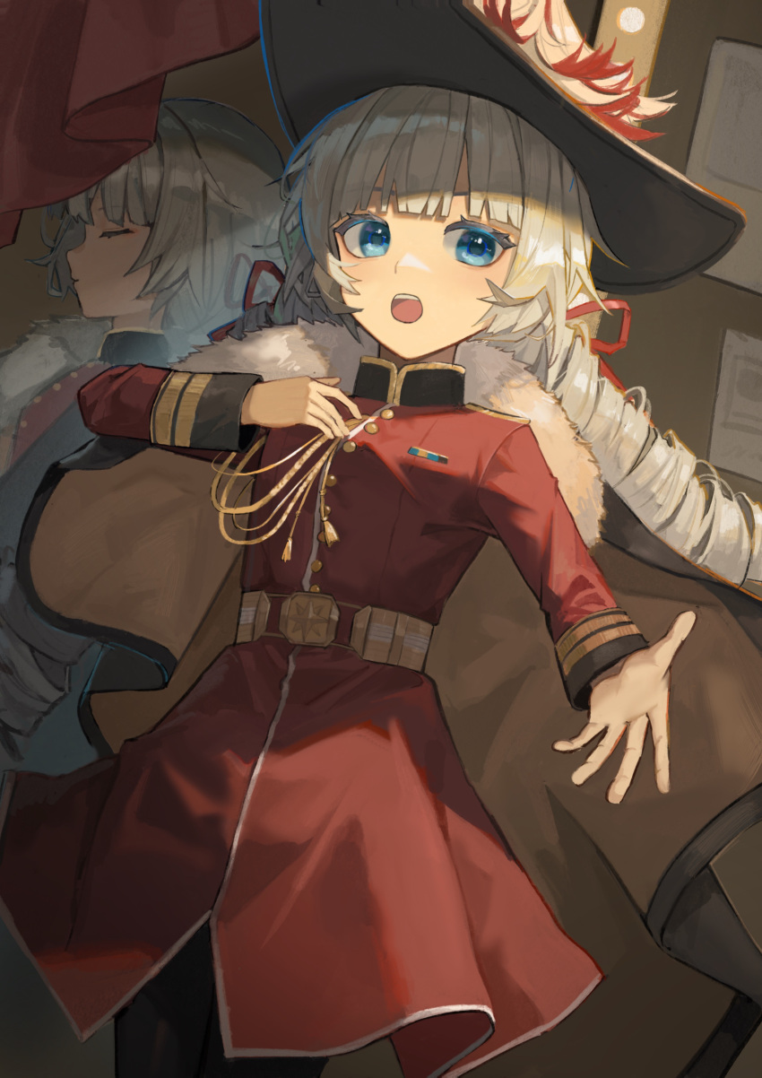 1girl :o absurdres aiguillette black_headwear black_pantyhose blue_eyes blunt_bangs brown_cape cape charlie_(reverse:1999) closed_eyes cowboy_shot different_reflection dress drill_hair epaulettes fur-trimmed_cape fur_trim hair_ribbon hand_on_own_chest hand_up hat_feather high_collar highres indoors long_hair long_sleeves looking_at_viewer low_twintails military_uniform mirror official_alternate_costume outstretched_arm outstretched_hand pantyhose profile red_dress red_ribbon reflection reverse:1999 ribbon solo teeth twin_drills twintails uniform upper_teeth_only white_hair xhcohiyc