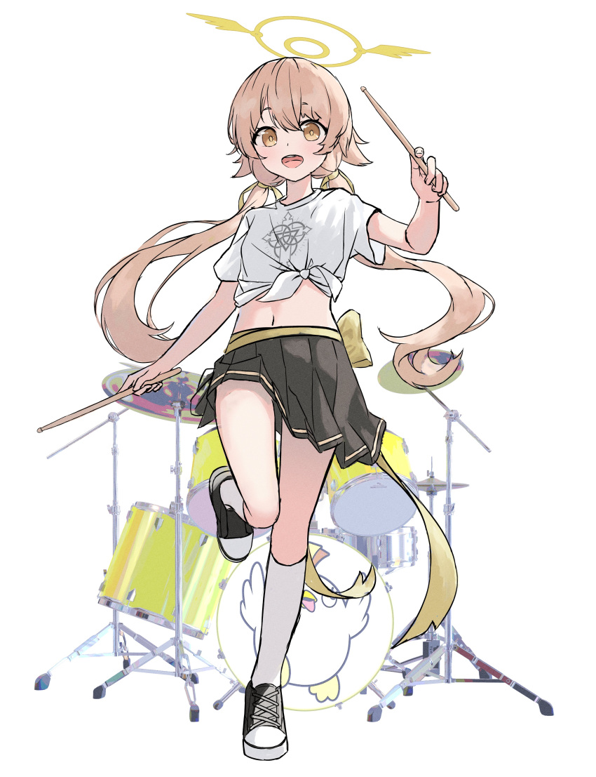 1girl absurdres black_footwear black_skirt blue_archive brown_hair drum drum_set drumsticks full_body halo hand_up hifumi_(blue_archive) highres holding holding_drumsticks instrument kenma_pro long_hair low_twintails midriff navel peroro_(blue_archive) pleated_skirt shirt shoes short_sleeves simple_background skirt socks solo standing standing_on_one_leg tied_shirt twintails very_long_hair white_background white_shirt white_socks winged_halo yellow_halo