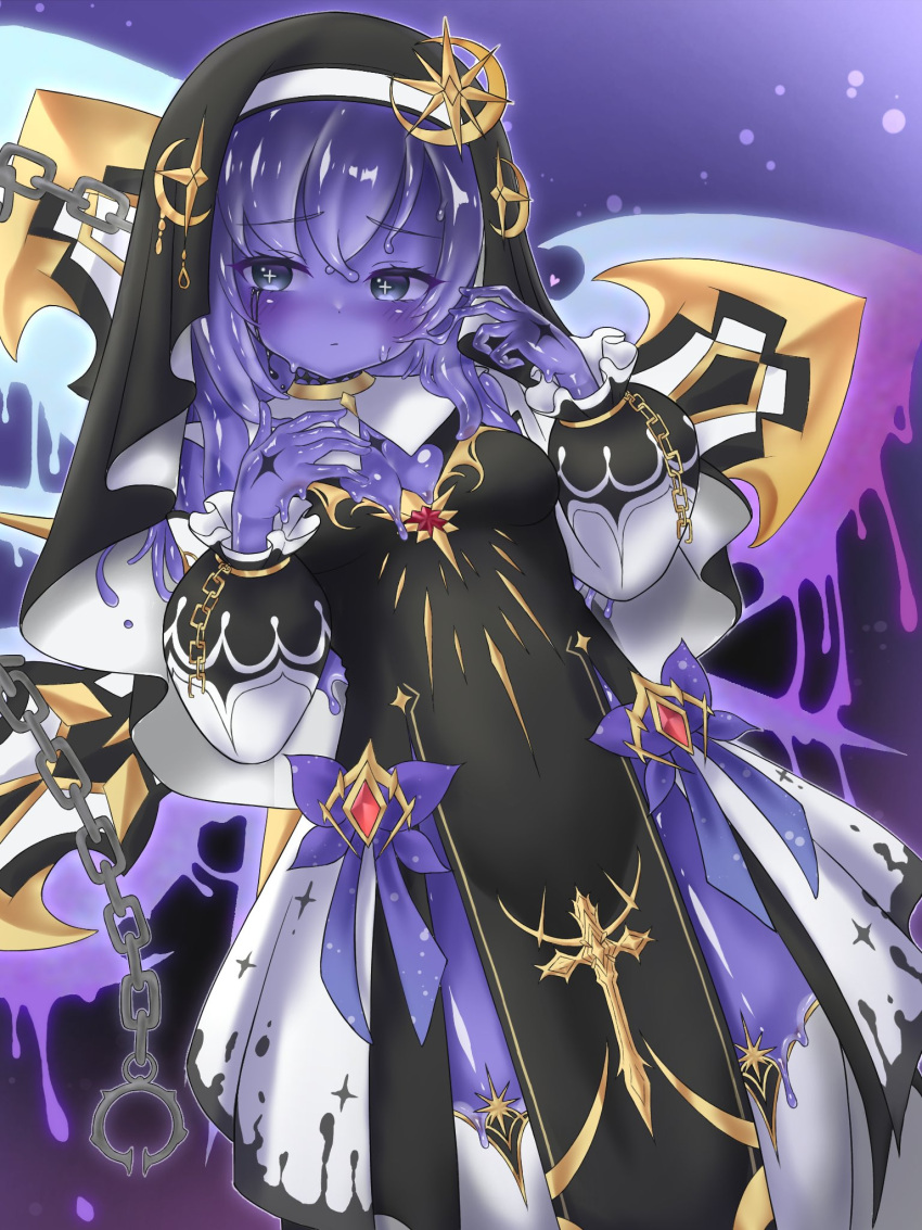 1girl black_eyes black_tears blush celestine_(letmebid) chain closed_mouth commission cross-shaped_pupils curss highres long_hair long_sleeves looking_at_viewer monster_girl original puffy_long_sleeves puffy_sleeves purple_hair skeb_commission slime_(substance) slime_girl slimification solo symbol-shaped_pupils thigh-highs white_thighhighs