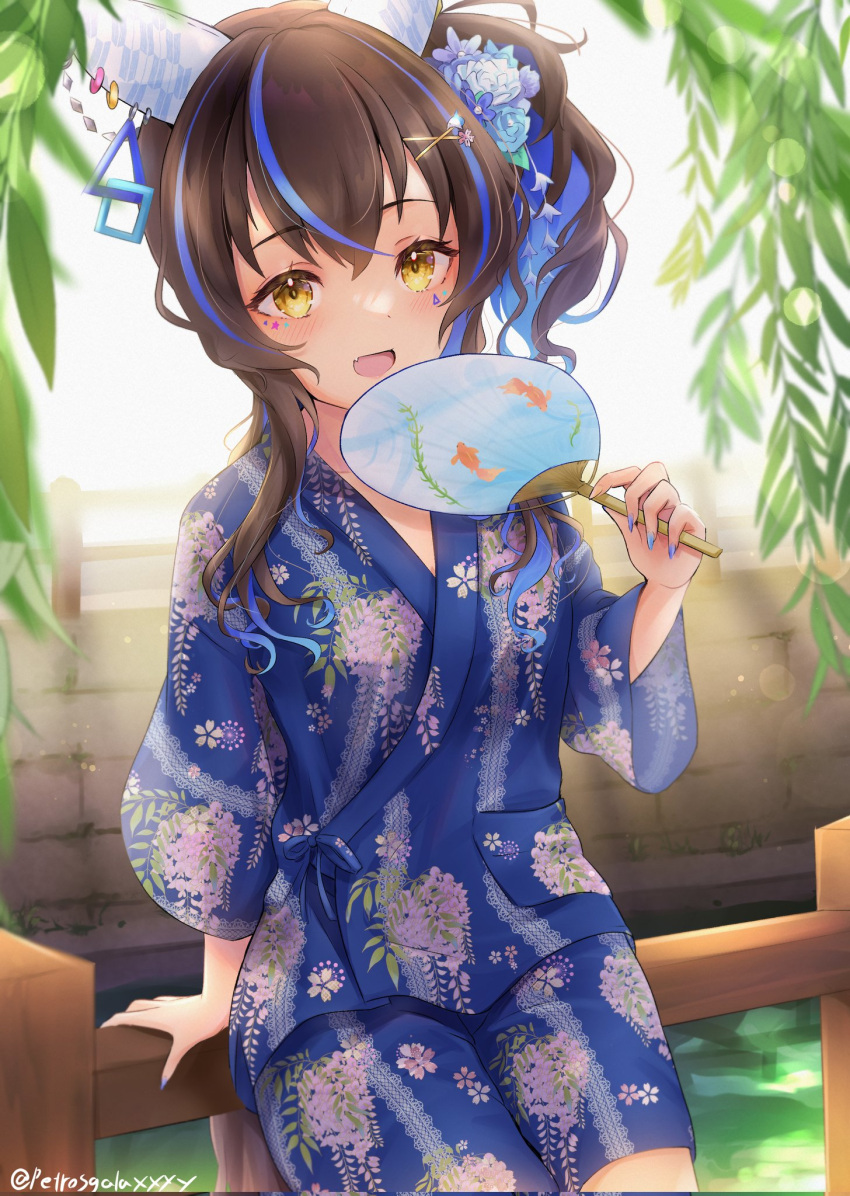 1girl alternate_costume animal_ears bad_id bad_twitter_id blue_hair blue_shorts brown_hair colored_inner_hair daitaku_helios_(umamusume) fang fence floral_print flower hair_flower hair_ornament hairclip hand_fan hand_up highres holding holding_fan horse_ears jinbei_(clothes) long_hair long_sleeves looking_at_viewer multicolored_hair multicolored_nails open_mouth paper_fan peteron shorts side_ponytail sitting skin_fang smile solo streaked_hair uchiwa umamusume yellow_eyes