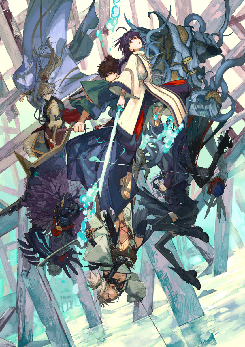 2girls 2others 4boys absurdres ahoge ambiguous_gender androgynous animal archer_(fate/samurai_remnant) armor assassin_(fate/samurai_remnant) black_armor black_cape black_hair black_thighhighs blue_hair bow_(weapon) braid braided_ponytail cape caster_(fate/samurai_remnant) commentary_request dual_wielding fate/samurai_remnant fate_(series) floating_hair full_armor glowing glowing_sword glowing_weapon gradient_hair grey_hair highres holding holding_bow_(weapon) holding_sword holding_weapon hood hood_up japanese_armor japanese_clothes jeanne_d'arc_alter_(fate) katana kimono long_hair looking_at_viewer mask miyamoto_iori_(fate) miyamoto_musashi_(fate) mouth_mask multicolored_hair multiple_boys multiple_girls multiple_others official_art ponytail red_eyes rider_(fate/samurai_remnant) saber_(fate/samurai_remnant) short_hair smile snake sword thigh-highs torn_cape torn_clothes two-tone_hair wataru_rei weapon white_kimono yellow_eyes
