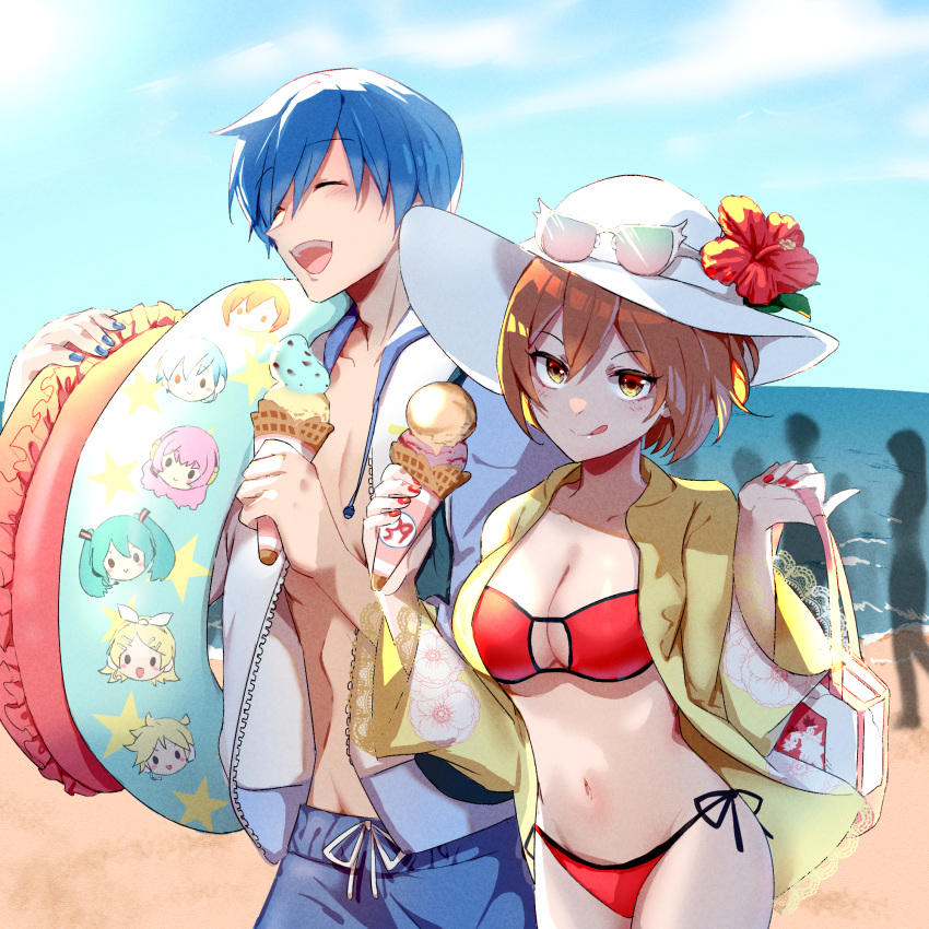 1boy 1girl bag beach bikini blue_hair blue_nails blue_sky blush breasts brown_eyes brown_hair closed_eyes eyewear_on_head flower food happy hat hat_ornament hatsune_miku highres holding holding_bag holding_ice_cream_cone ice_cream kagamine_len kagamine_rin kaito_(vocaloid) large_breasts looking_at_viewer megurine_luka meiko_(vocaloid) nail_polish navel ocean open_clothes open_mouth open_shirt red_bikini red_flower red_nails sand shirt short_hair shorts sky smile summer sun_hat sunglasses swimsuit teeth tongue tongue_out upper_body upper_teeth_only vocaloid yellow_shirt yyxw5385