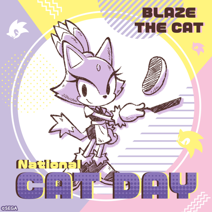 1girl animal_ears apron blaze_the_cat cat_day cat_ears cat_girl cat_tail cooking eyelashes forehead_jewel frying_pan fur-trimmed_footwear fur-trimmed_gloves fur_trim gloves high_heels highres holding holding_frying_pan looking_at_viewer official_art sega smile sonic_(series) tail topknot white_gloves