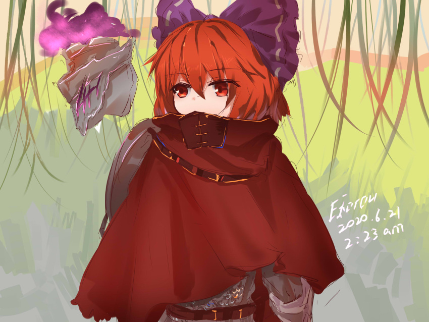 1girl alternate_costume armor bow cloak commentary dated english_commentary hair_bow highres outdoors red_eyes redhead sekibanki signature solo top-exerou touhou upper_body