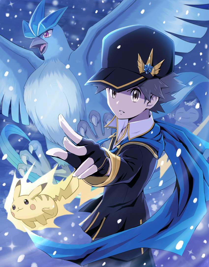 1boy absurdres articuno baseball_cap black_gloves black_headwear black_jacket blue_scarf brown_eyes brown_hair collared_shirt commentary_request fingerless_gloves floating_scarf gloves hat highres jacket long_sleeves male_focus official_alternate_costume outdoors outstretched_arm parted_lips pikachu pokemoa pokemon pokemon_(creature) pokemon_(game) pokemon_masters_ex red_(champion)_(pokemon) red_(pokemon) scarf shirt short_hair snowing white_shirt