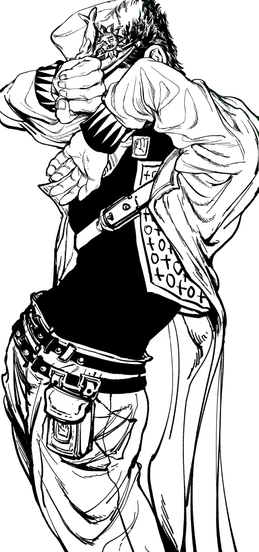 1boy absurdres arms_up coat covering_face greyscale hat highres impossible_clothes jojo_no_kimyou_na_bouken kujo_jotaro long_coat long_sleeves male_focus monochrome my_nameisyoon pants shirt short_hair simple_background solo stone_ocean