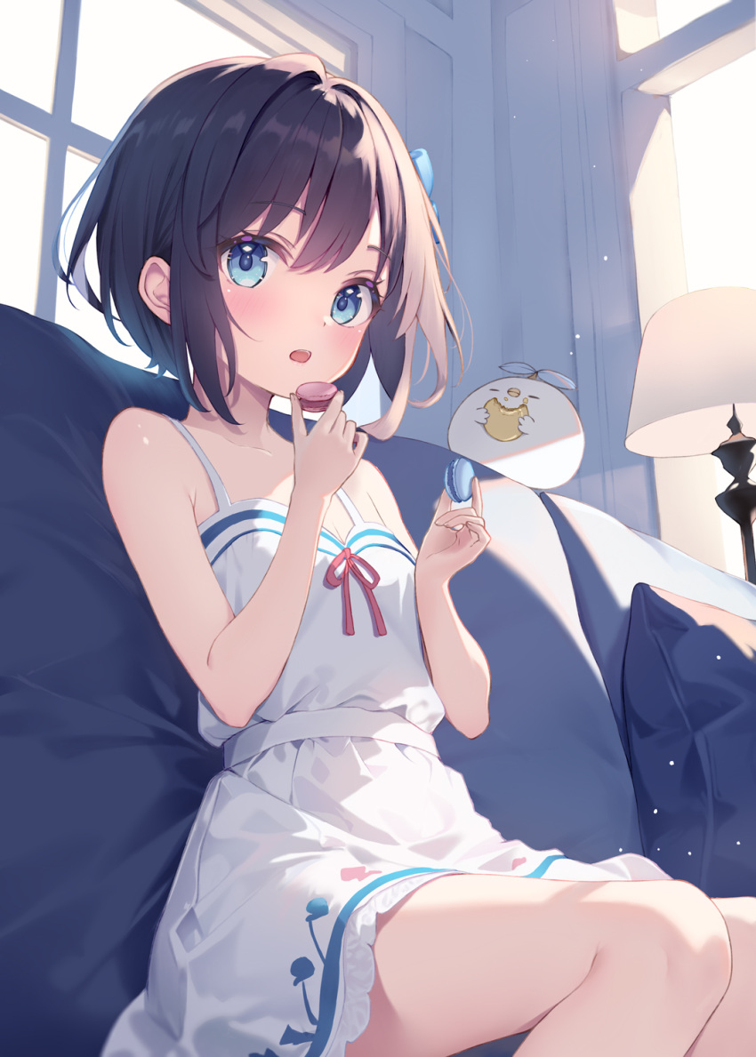 1girl :o bird black_hair blue_eyes blush collarbone commentary_request couch cushion dress eating food hair_between_eyes hair_ribbon highres holding holding_food indoors lamp looking_at_viewer macaron open_mouth original ribbon short_hair sitting sundress white_dress window yunarebun