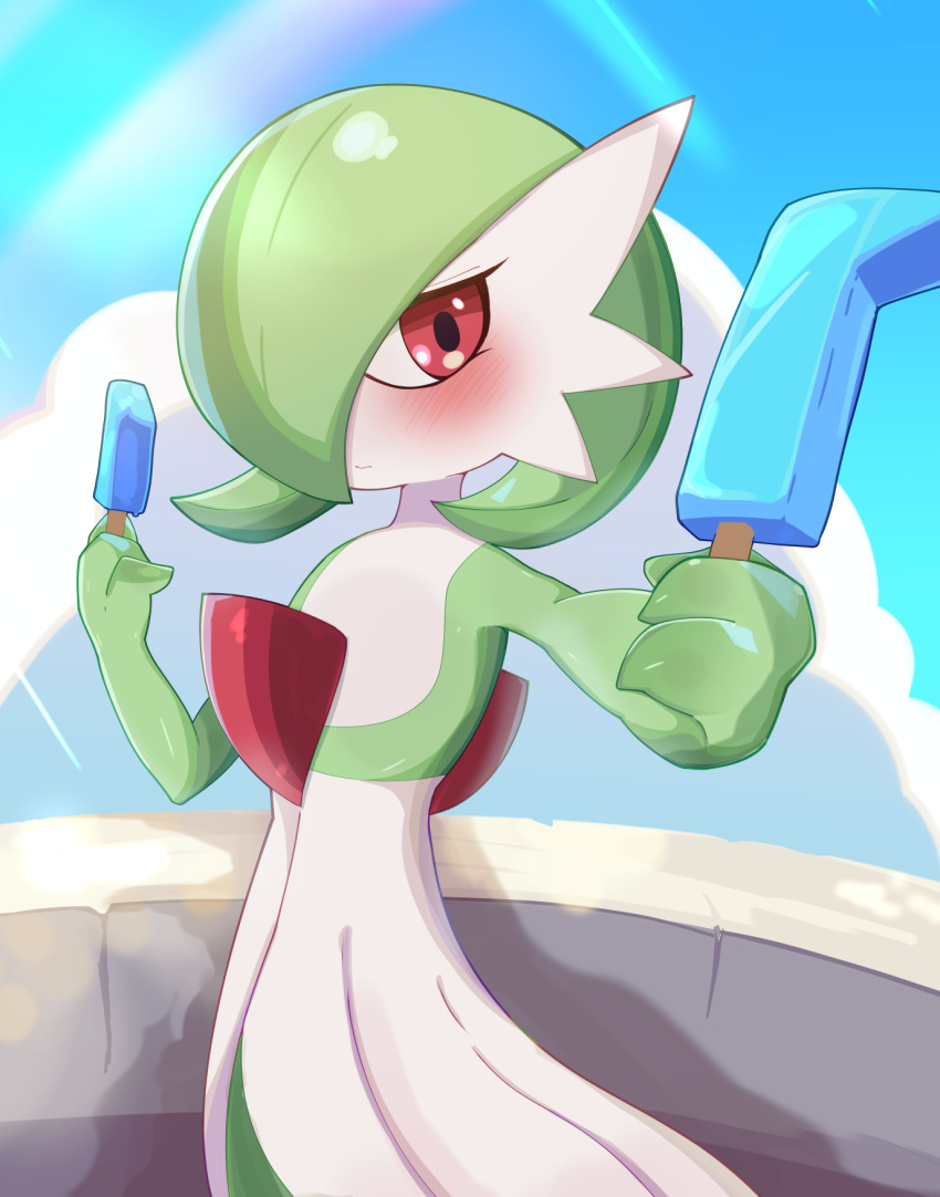 1girl arm_up blue_sky blush bob_cut closed_mouth clouds colored_skin commentary_request day double_popsicle flat_chest food gardevoir green_hair green_skin hair_over_one_eye hand_up highres holding holding_food holding_popsicle incoming_food light_rays looking_at_viewer multicolored_skin one_eye_covered outdoors outstretched_arm pokemon pokemon_(creature) popsicle red_eyes samimitan short_hair shy sky solo standing sunlight two-tone_skin white_skin