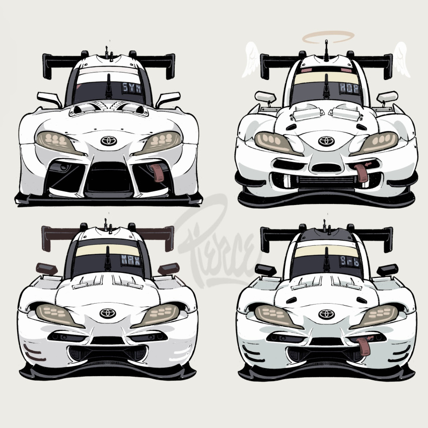 artist_name car chibi english_commentary grey_background halo highres motor_vehicle no_humans race_vehicle racecar spoiler_(automobile) straight-on super_gt toyota toyota_supra toyota_supra_mk_v variations vehicle_focus will_pierce wings