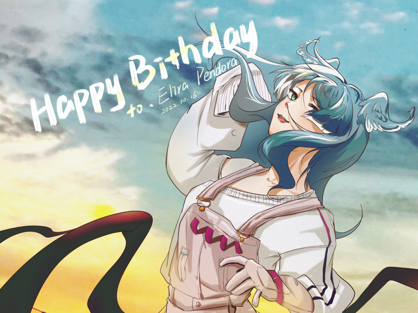 1girl blue_eyes blue_hair character_name clouds dated elira_pendora english_commentary fang floating_hair gloves grey_gloves grey_overalls happy_birthday head_wings heterochromia highres leaning_back long_hair low_wings nijisanji nijisanji_en off_shoulder one_eye_covered open_mouth overalls single_glove sky sleeves_past_fingers sleeves_past_wrists smile solo sweater violet_eyes virtual_youtuber white_sweater wings yura_canteat