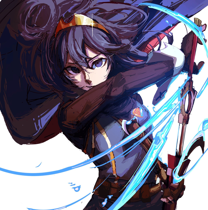 1girl blue_eyes blue_hair cape falchion_(fire_emblem) fire_emblem fire_emblem_awakening gloves hair_between_eyes highres holding holding_sword holding_weapon long_sleeves looking_at_viewer lucina_(fire_emblem) ramennamenn sheath solo sword tiara unsheathing upper_body weapon white_background