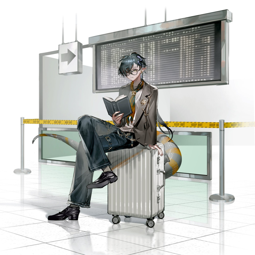 1boy airport arknights black_footwear black_hair black_pants book braid closed_mouth collared_shirt corroserum_(arknights) crossed_legs eyewear_strap full_body glasses highres holding holding_book indoors jacket jewelry long_sleeves looking_at_viewer male_focus mira_(345toron) necktie open_clothes open_jacket orange_necktie pants pointy_ears ponytail shirt shoes sitting socks solo suitcase tail white_shirt yellow_eyes