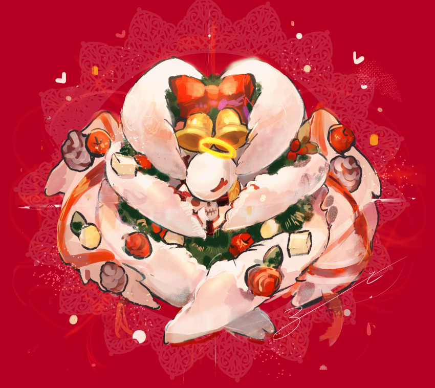 angel_wings aoruuto apple bell bow christmas christmas_tree closed_eyes commentary employee_(lobotomy_corporation) english_commentary food fruit halo highres lobotomy_corporation mixed-language_commentary no_humans one_sin_and_hundreds_of_good_deeds pinecone project_moon red_background red_bow signature simple_background skull whitenight_(lobotomy_corporation) wing_hug wings