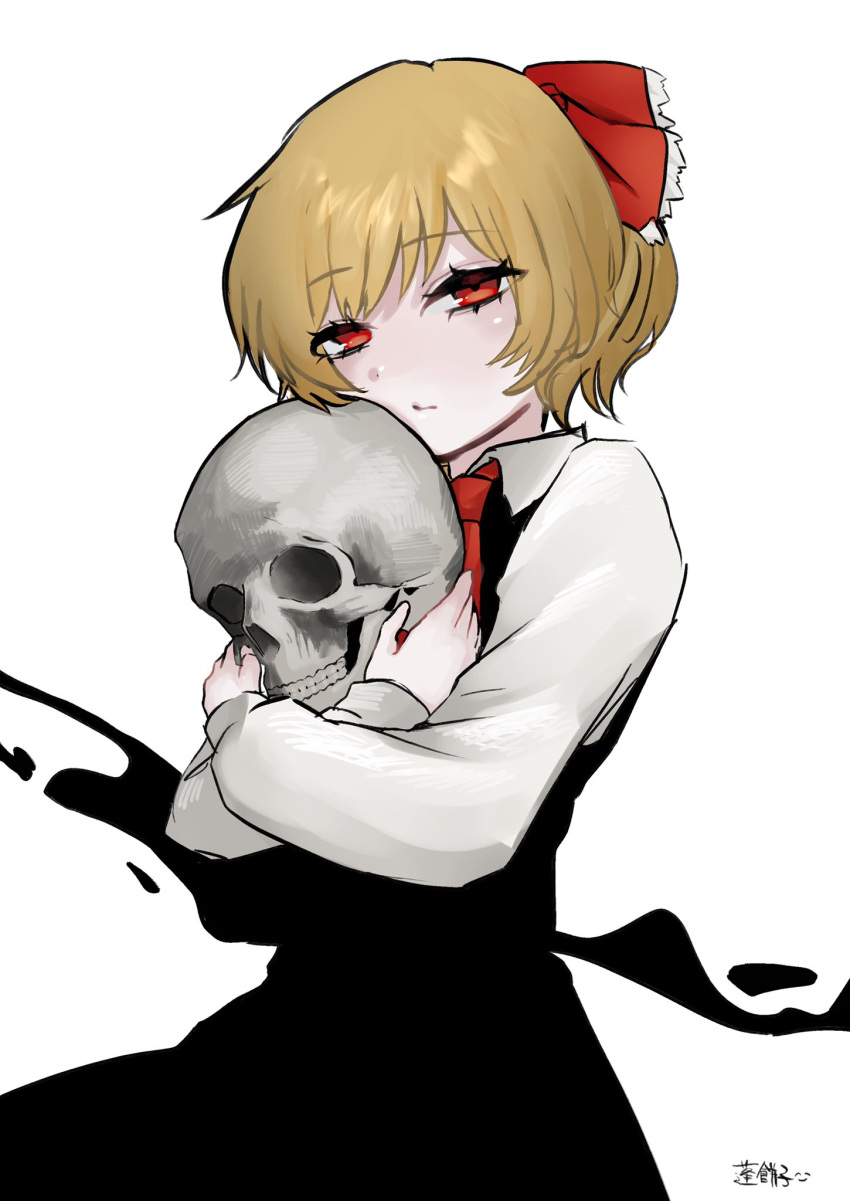 1girl black_dress blonde_hair crossed_arms dress highres holding holding_skull looking_at_viewer necktie red_eyes red_necktie rumia shirt short_hair skull solo touhou white_background white_shirt yomogi_0001