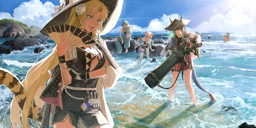 5girls absurdres angry animal_ears annoyed arknights beach cat_girl ch'en_(arknights) deaplout fang flower green_eyes green_hair hair_flower hair_ornament hand_fan hat highres holding holding_fan hoshiguma_(arknights) large_hat lin_(arknights) mouse_ears mouse_girl multiple_girls ocean pink_hair red_eyes rock smile smug snowsant_(arknights) swimsuit swire_(arknights) tail tiger_tail wading water waves