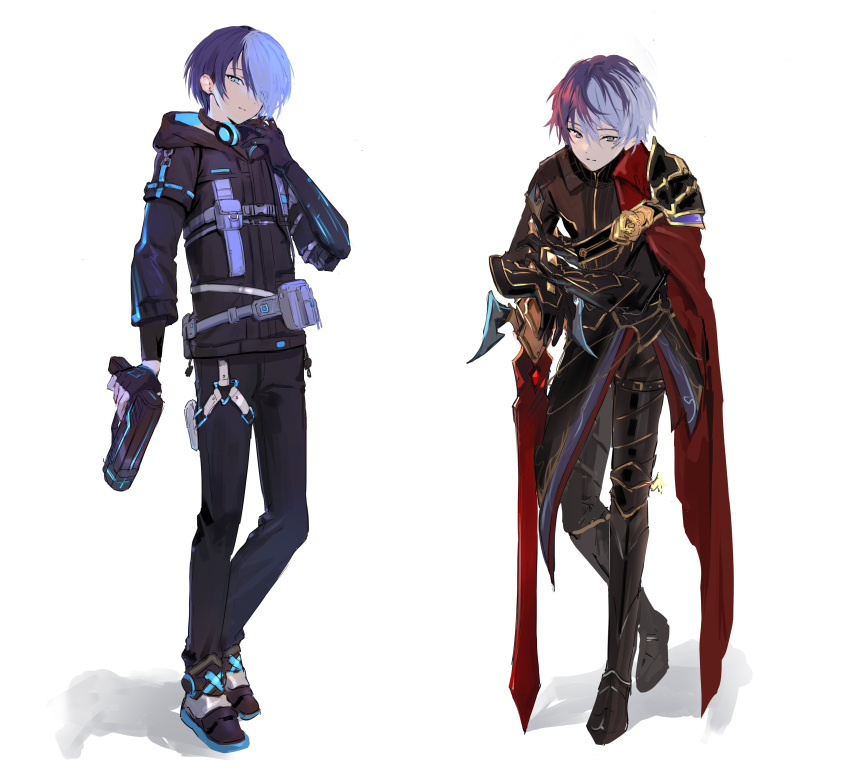 2boys absurdres amin_(aminblue) aoyagi_touya armor armored_boots black_armor black_footwear black_gloves black_jacket black_pants blue_hair boots cape close_game/offline_(project_sekai) closed_mouth energy_gun full_body gloves gold_trim golden_rose greatsword grey_eyes headphones headphones_around_neck highres holding holding_weapon jacket looking_at_viewer multicolored_hair multiple_boys multiple_persona never_give_up_cooking!_(project_sekai) pants pauldrons project_sekai red_cape shoulder_armor split-color_hair streaked_hair sword weapon