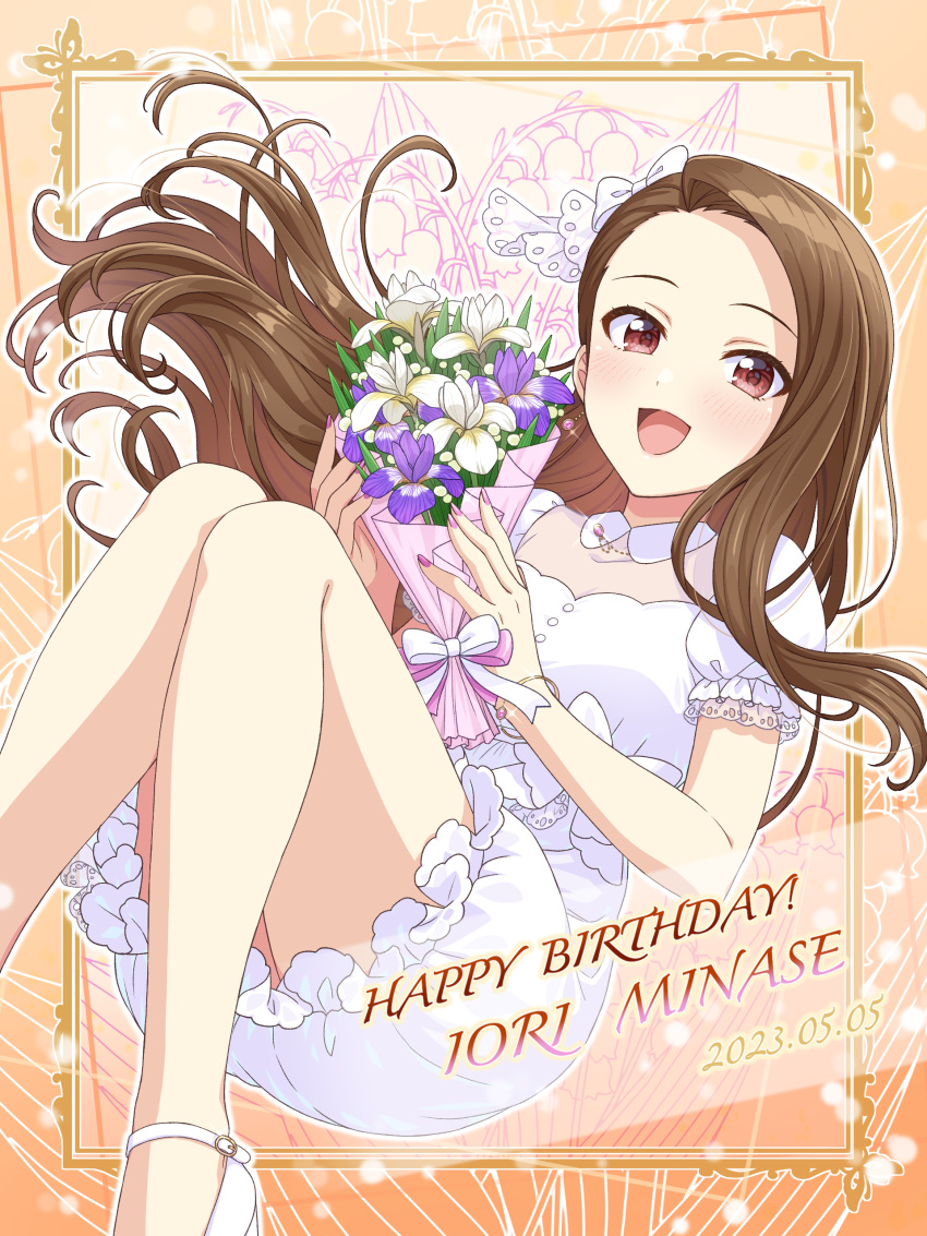 1girl 2023 :d absurdres blush bouquet brown_hair character_name dated dress earrings floating_hair flower framed highres holding holding_bouquet idolmaster idolmaster_(classic) jewelry long_hair looking_at_viewer minase_iori nail_polish necklace outline pink_gemstone pink_nails purple_flower red_eyes shiro_(ongrokm) short_dress short_sleeves smile solo straight_hair very_long_hair white_dress white_flower