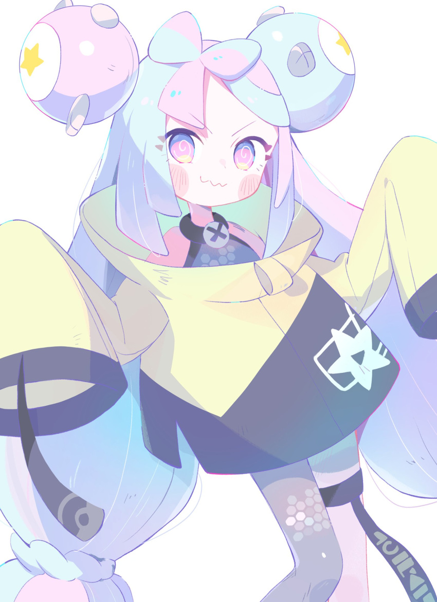 &gt;:) asymmetrical_legwear blush bow character_hair_ornament closed_mouth gaogao_(gaogaomegu) hair_bow hair_ornament highres iono_(pokemon) long_hair magnemite mismatched_legwear multicolored_hair oversized_clothes pastel_colors pokemon pokemon_(game) pokemon_sv sharp_teeth split-color_hair teeth two-tone_hair v-shaped_eyebrows variant_set very_long_hair very_long_sleeves white_background