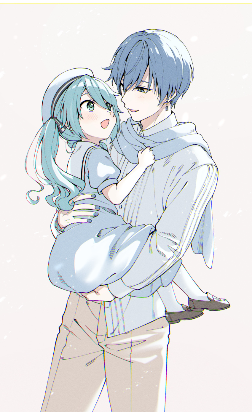 1boy 1girl aged_down aqua_eyes aqua_hair black_footwear blue_dress blue_eyes blue_hair blue_nails blue_scarf carrying_against_hip child dress earrings full_body hair_between_eyes happy hat hatsune_miku highres holding jewelry kaito_(vocaloid) long_hair looking_at_another looking_at_viewer open_mouth scarf sentea short_hair sketch smile socks standing twintails vocaloid white_background white_socks