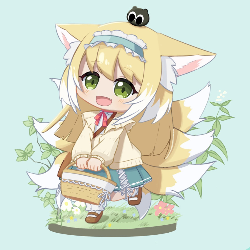 1girl :d ame_(mito4104) animal_ear_fluff animal_ears ankle_socks arknights bag basket black_cat blonde_hair blunt_ends blush bobby_socks brown_bag brown_footwear cardigan cat chibi commentary creature_on_head cross-laced_clothes cross-laced_skirt cross-laced_slit crossover fang fox_ears fox_girl fox_tail frilled_hairband frills full_body green_eyes green_hairband green_skirt hairband heixiu high-waist_skirt highres holding holding_basket kitsune kyuubi long_hair long_sleeves luo_xiaohei_zhanji mary_janes multicolored_hair multiple_tails neck_ribbon official_alternate_costume on_head open_cardigan open_clothes open_mouth puffy_long_sleeves puffy_sleeves red_ribbon ribbon shirt shoes shoulder_bag skin_fang skirt smile socks solo suzuran_(arknights) suzuran_(spring_praise)_(arknights) tail two-tone_hair white_hair white_shirt white_socks yellow_cardigan