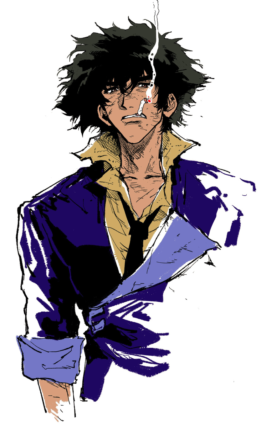 1boy absurdres black_hair black_necktie blue_jacket brown_eyes cigarette collared_shirt cowboy_bebop dirty dirty_face highres jacket looking_at_viewer male_focus mouth_hold my_nameisyoon necktie shirt simple_background sleeves_rolled_up smoking solo spike_spiegel upper_body white_background yellow_shirt
