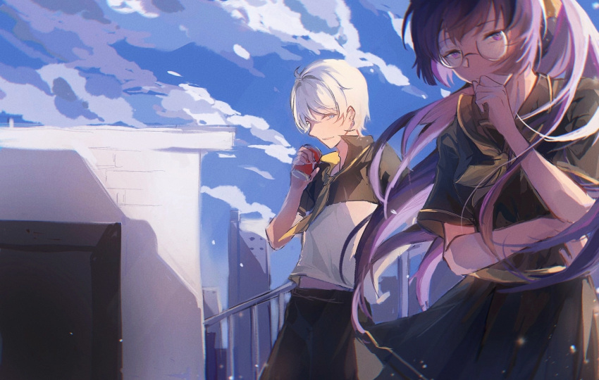 1boy 1girl blue_eyes clouds cloudy_sky collared_shirt couple cup disposable_cup dou_g_(douglasiai413) from_side glasses hair_between_eyes hair_flowing_over hand_on_own_chin hand_up highres holding holding_cup honkai_(series) honkai_impact_3rd kevin_kaslana leaning_back looking_down looking_to_the_side mei_(honkai_impact) outdoors ponytail purple_hair rooftop school school_uniform shirt short_sleeves skirt sky standing violet_eyes white_hair