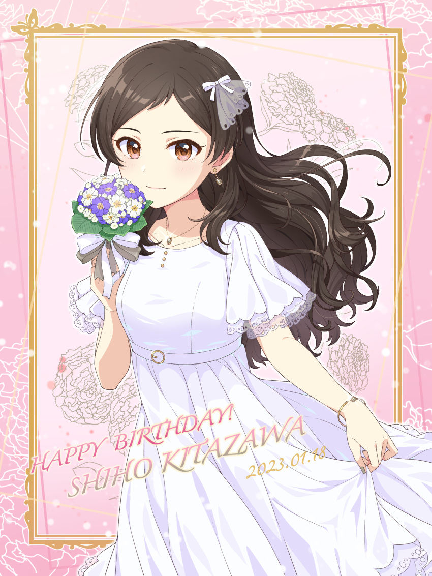 1girl 2023 absurdres bouquet brown_eyes brown_hair character_name collarbone dated dress earrings floating_hair flower framed grey_gemstone grey_nails grey_ribbon hair_ribbon highres holding holding_bouquet idolmaster idolmaster_million_live! idolmaster_million_live!_theater_days jewelry kitazawa_shiho long_dress long_hair nail_polish necklace parted_bangs purple_flower ribbon shiro_(ongrokm) short_sleeves skirt_hold solo standing white_dress white_flower white_ribbon