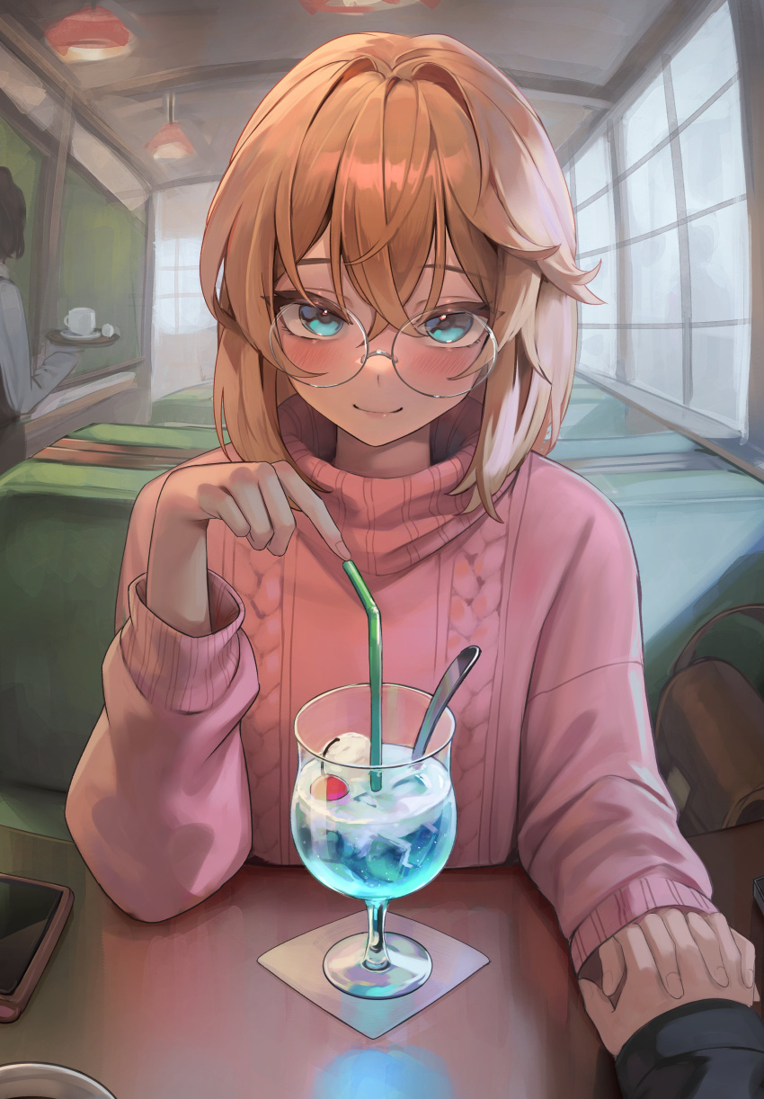 1girl absurdres alternate_costume bespectacled blonde_hair blue_eyes blush bridget_(guilty_gear) cafe closed_mouth cocktail cocktail_glass crossed_bangs cup drinking_glass drinking_straw glasses guilty_gear guilty_gear_strive hair_between_eyes hakusyokuto highres holding_hands indoors interlocked_fingers long_sleeves looking_at_viewer medium_hair pink_sweater ribbed_sweater round_eyewear sitting smile solo_focus spoon sweater table turtleneck turtleneck_sweater upper_body