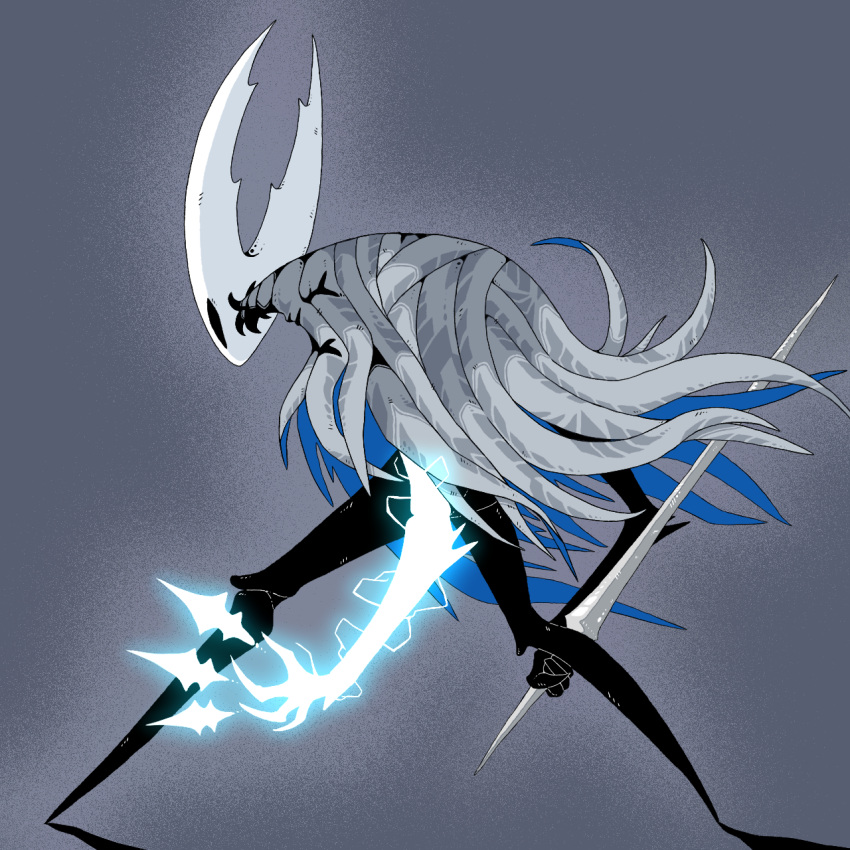 1other black_eyes black_skin blank_eyes colored_skin commentary_request electricity energy_weapon from_behind full_body glowing glowing_arm glowing_hand grey_background grey_cloak highres holding holding_weapon hollow_knight hollow_knight_(character) joints leaning_forward legs legs_apart nail_(hollow_knight) other_focus sakana_2-gou simple_background solo standing weapon