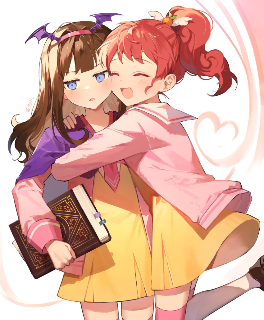 2girls absurdres azit_(down) blue_eyes blush book brown_hair closed_eyes commentary copyright_request dress headband highres hug jacket long_hair multiple_girls open_clothes open_jacket pink_headband pink_jacket pink_thighhighs ponytail redhead smile standing standing_on_one_leg symbol-only_commentary thigh-highs wing_hair_ornament yellow_dress