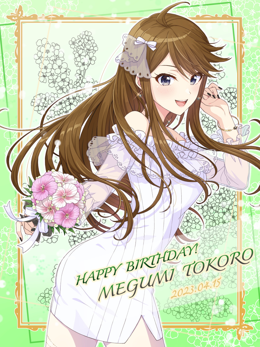 1girl 2023 :d absurdres ahoge black_gemstone black_nails blue_eyes bouquet bracelet brown_hair character_name dated dress earrings floating_hair flower framed hair_ribbon happy_birthday highres holding holding_bouquet idolmaster idolmaster_million_live! idolmaster_million_live!_theater_days jewelry long_hair long_sleeves nail_polish necklace open_mouth outline pantyhose pink_flower ribbon shiro_(ongrokm) short_dress smile solo standing swept_bangs tokoro_megumi very_long_hair white_dress white_flower white_pantyhose white_ribbon