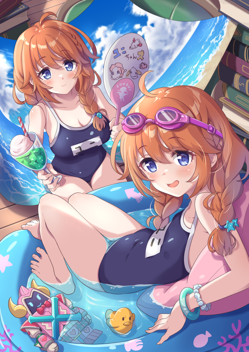 2girls absurdres brown_hair competition_school_swimsuit dessert food highres indoors innertube multiple_girls ponytail princess_connect! school_swimsuit swimsuit toy tsukachii twintails yuni_(princess_connect!)