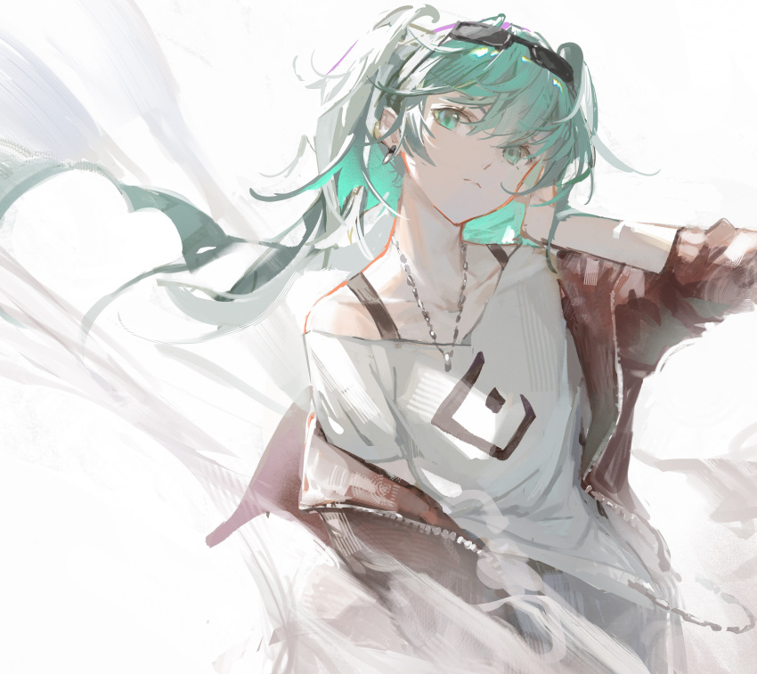 1girl absurdres aqua_eyes aqua_hair black_jacket bra_strap closed_mouth collarbone earrings eyewear_on_head floating_hair frown hair_between_eyes hand_in_own_hair hand_up hatsune_miku highres jacket jewelry long_hair looking_at_viewer necklace open_clothes open_jacket shijiubashuazi shirt solo suna_no_wakusei_(vocaloid) sunglasses twintails upper_body very_long_hair vocaloid white_shirt