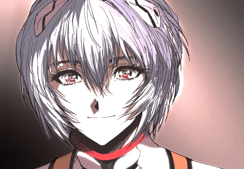 1girl ayanami_rei blue_hair closed_mouth grey_background hairpods highres looking_at_viewer my_nameisyoon neon_genesis_evangelion portrait red_eyes short_hair smile solo