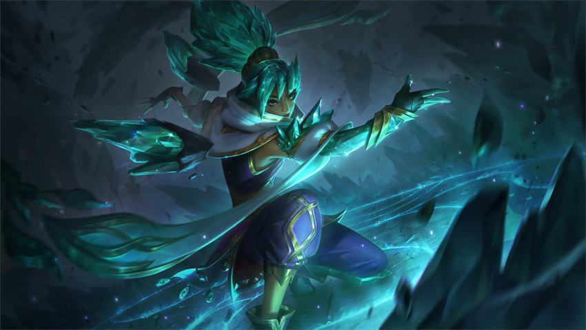 1girl black_gloves blue_pants brown_eyes closed_mouth crystalis_motus_taliyah detached_sleeves expressionless fingerless_gloves francis_tneh gem gloves green_eyes green_gemstone green_hair hair_between_eyes heterochromia high_ponytail highres league_of_legends light_particles looking_at_viewer official_alternate_costume official_alternate_hairstyle official_art outdoors pants ponytail rock solo standing taliyah