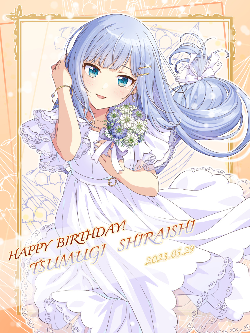 1girl 2023 :d absurdres blue_eyes blunt_bangs bow bracelet character_name dated dress earrings floating_hair flower framed grey_gemstone grey_hair grey_nails hair_bow hair_ornament hairclip hand_in_own_hair happy_birthday highres idolmaster idolmaster_million_live! idolmaster_million_live!_theater_days jewelry layered_sleeves long_dress long_hair looking_at_viewer low-tied_long_hair nail_polish open_mouth outline purple_flower shiraishi_tsumugi shiro_(ongrokm) short_sleeves smile solo sparkle very_long_hair white_bow white_dress white_flower