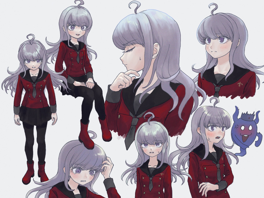 1boy 720_(67ojz36kim5116) ahoge anger_vein black_pantyhose black_sailor_collar blush boots closed_mouth commentary_request cropped_torso crossdressing crown full_body ghost grey_neckerchief hand_on_own_chin highres horns long_hair long_sleeves looking_down master_detective_archives:_rain_code multiple_views neckerchief official_alternate_costume open_mouth otoko_no_ko pantyhose pointing profile purple_hair red_footwear red_shirt sailor_collar school_uniform serafuku shinigami_(ghost)_(rain_code) shinigami_(rain_code) shirt simple_background sitting smile spoilers standing sweatdrop tears violet_eyes yuma_kokohead