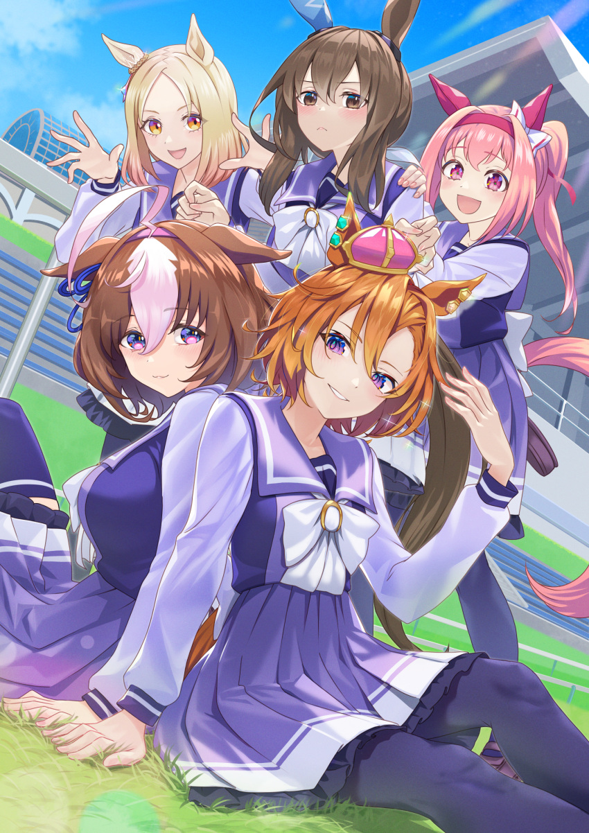 5girls :d admire_vega_(umamusume) ahoge animal_ears arm_support arm_up black_pantyhose blue_sky blush bow breasts brown_eyes brown_hair closed_mouth clouds crown day dutch_angle ears_down forehead grin hair_between_eyes hairband hand_on_another's_shoulder haru_urara_(umamusume) highres horse_ears horse_girl horse_tail large_breasts long_sleeves looking_at_viewer meisho_doto_(umamusume) mini_crown multicolored_hair multiple_girls nabe_puyo narita_top_road_(umamusume) on_grass outdoors pantyhose parted_bangs pink_hair pink_hairband pleated_skirt ponytail puffy_long_sleeves puffy_sleeves purple_shirt purple_skirt school_uniform shirt sitting skirt sky smile standing t.m._opera_o_(umamusume) tail tilted_headwear tracen_school_uniform two-tone_hair umamusume violet_eyes white_bow white_hair