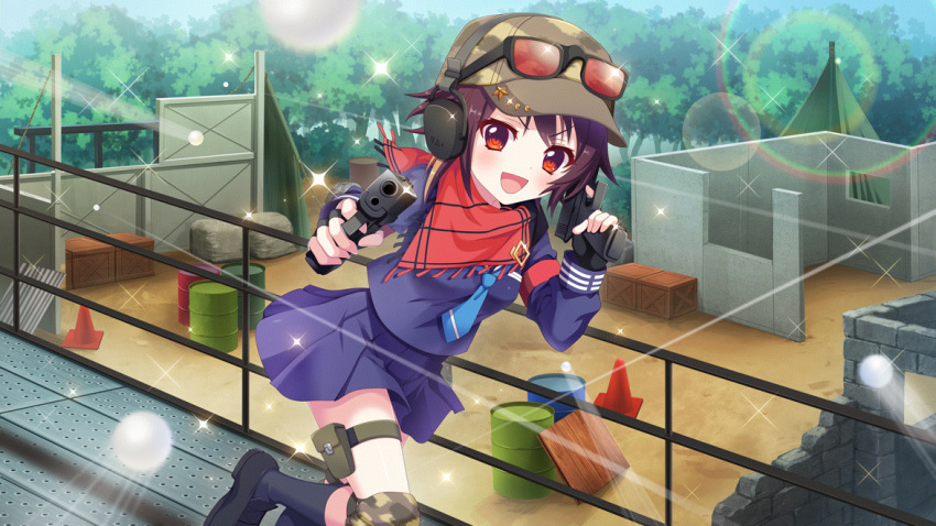 1girl aiming aiming_at_viewer airsoft ammunition_pouch bandou_mikuru barricade baseball_cap bb_pellet black_footwear black_gloves black_socks blonde_hair blue_necktie blue_skirt brick_wall brown_hair camouflage camouflage_headwear catwalk_(walkway) crate day dot_nose drum_(container) dual_wielding earmuffs film_grain fingerless_gloves game_cg gloves gun handgun hat holding izumi_tsubasu knee_pads lens_flare long_sleeves looking_at_viewer motion_lines multicolored_hair necktie non-web_source official_art open_mouth outdoors pouch rainbow re:stage! red-tinted_eyewear red_eyes running safety_glasses school_uniform shoes short_hair skirt smile socks solo sparkle streaked_hair thigh_strap tinted_eyewear traffic_cone tree two-tone_hair weapon weapon_request