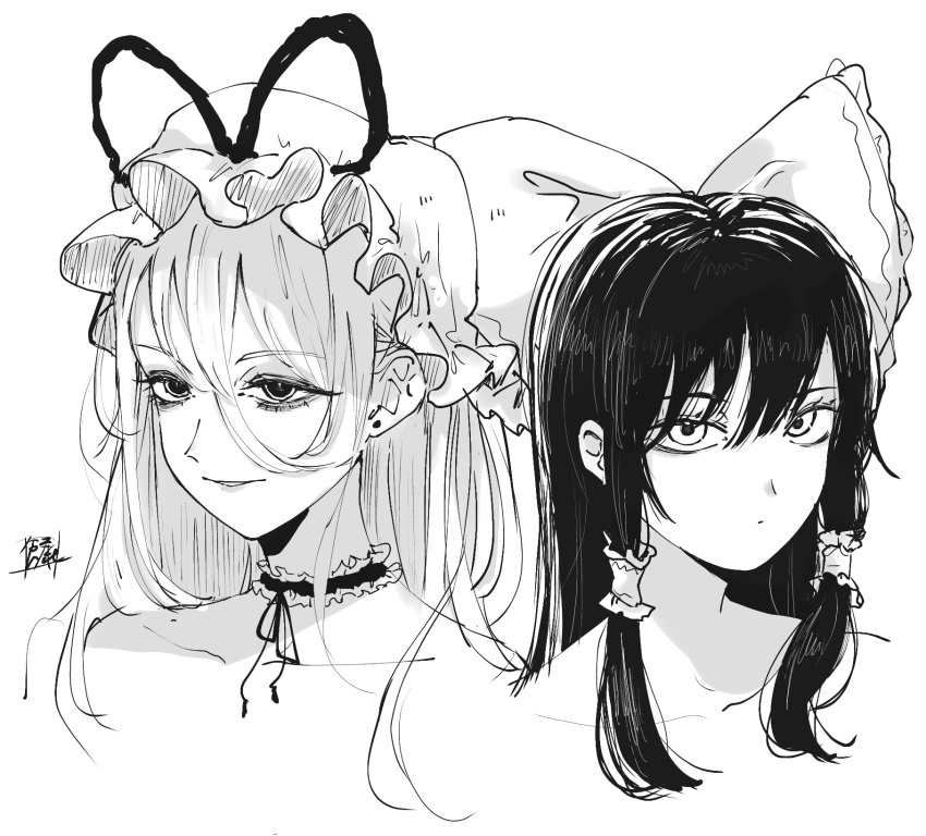 2girls bow choker collarbone commentary cropped_torso earrings english_commentary expressionless frilled_bow frilled_choker frilled_hair_tubes frills greyscale hair_behind_ear hair_between_eyes hair_bow hair_tubes hakurei_reimu hat hat_ribbon highres jewelry light_smile long_hair looking_at_viewer mob_cap monochrome multiple_girls parted_lips ribbon sidelocks signature simple_background sokura_(mochichitose) touhou upper_body white_background yakumo_yukari