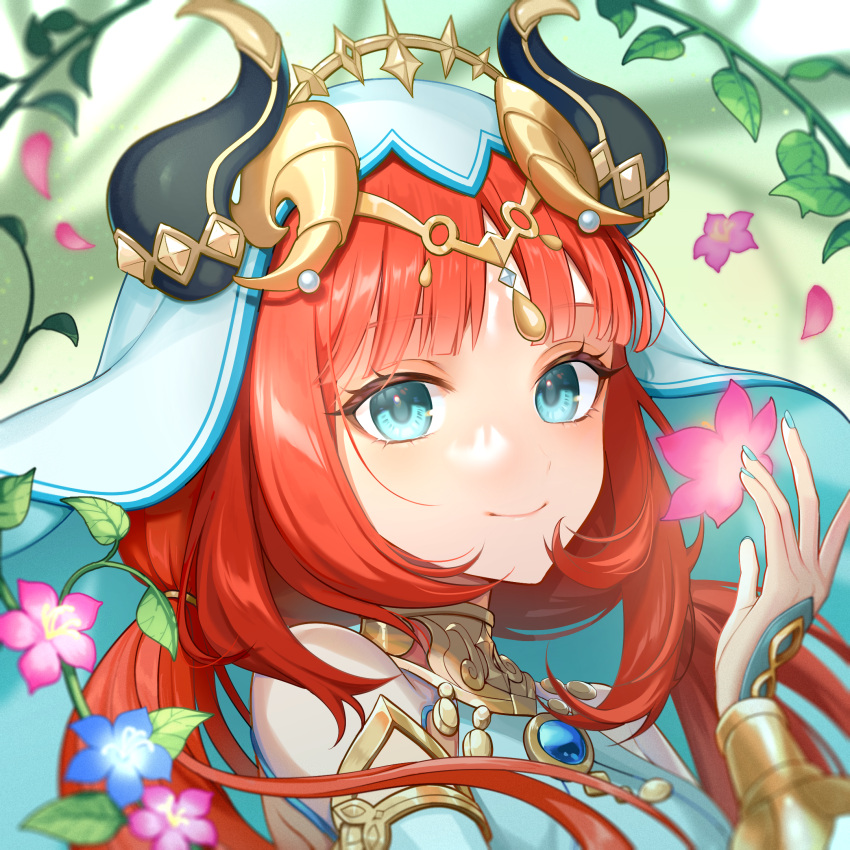 1girl amechamm aqua_eyes aqua_nails bare_shoulders blue_gemstone blunt_bangs blurry blurry_background bracer brooch circlet closed_mouth fake_horns flower gem genshin_impact gold_trim hand_up harem_outfit highres horns jewelry leaf long_hair low_twintails neck_ring nilou_(genshin_impact) parted_bangs pink_flower portrait redhead sidelocks smile solo twintails veil white_headdress white_veil