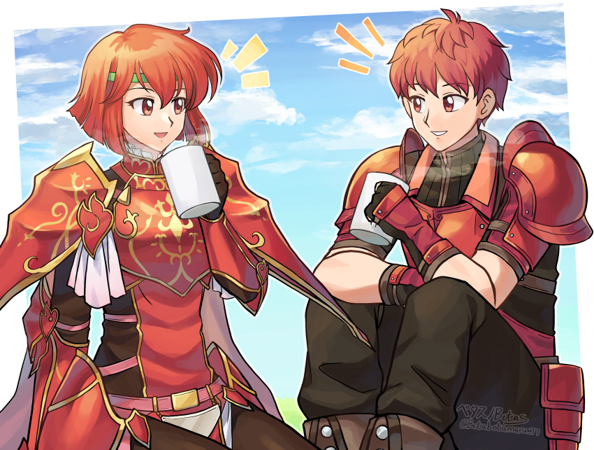 1boy 1girl absurdres betabetamaru clouds commission cup fire_emblem fire_emblem:_mystery_of_the_emblem fire_emblem:_shadow_dragon_and_the_blade_of_light fire_emblem_echoes:_shadows_of_valentia highres holding holding_cup looking_at_another lukas_(fire_emblem) minerva_(fire_emblem) outdoors pixiv_commission red_armor red_eyes redhead sitting sky smile talking trait_connection