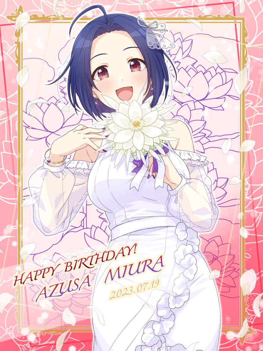 1girl 2023 :d absurdres ahoge blue_hair bouquet bracelet dated dress earrings flower framed gem hair_intakes happy_birthday highres holding holding_bouquet idolmaster idolmaster_(classic) jewelry long_sleeves looking_at_viewer miura_azusa nail_polish outline petals purple_gemstone purple_nails purple_ribbon red_eyes ribbon see-through see-through_sleeves shiro_(ongrokm) short_hair smile solo sparkle white_dress white_flower white_ribbon