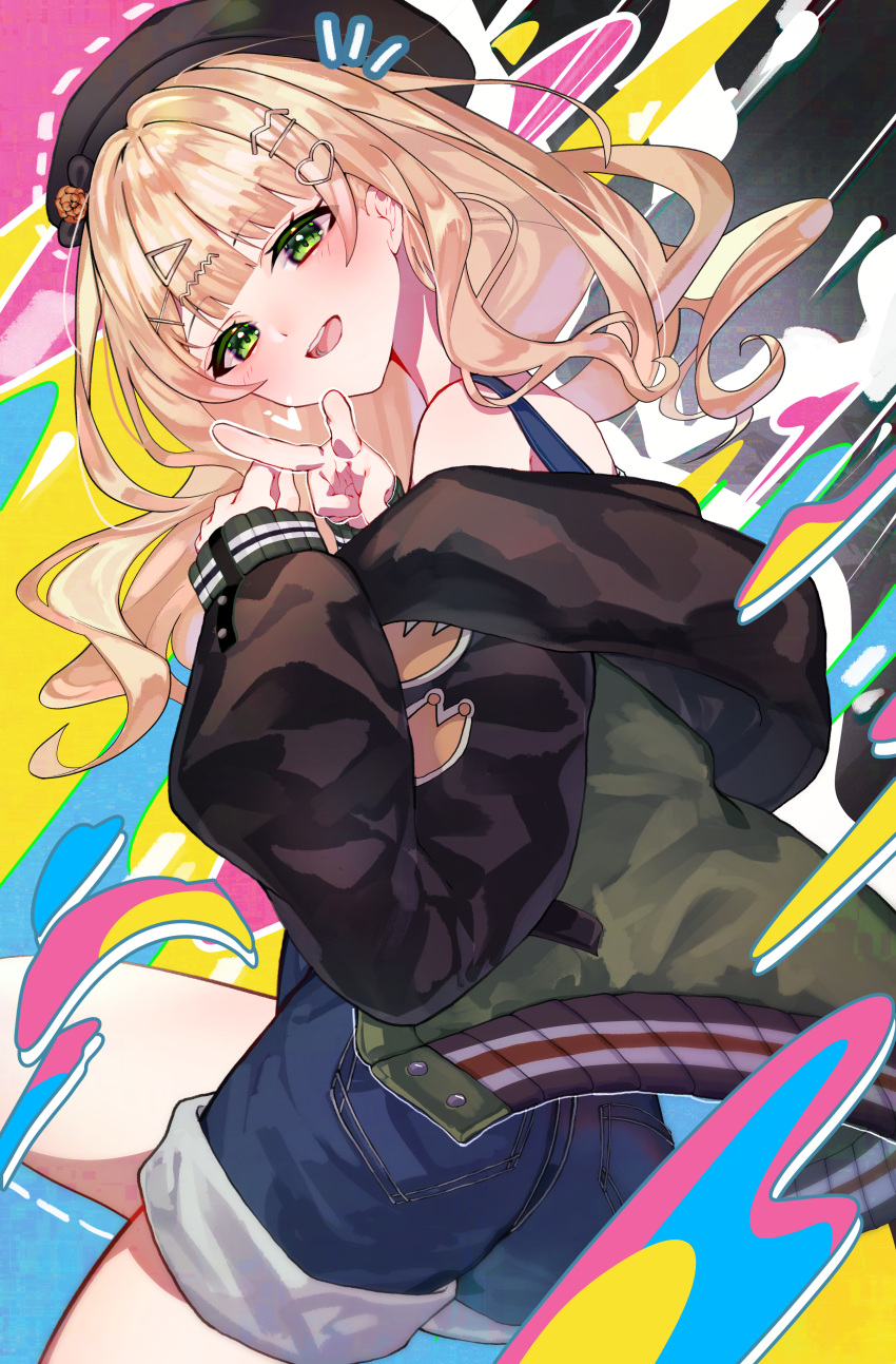 1girl absurdres beret black_headwear black_jacket blonde_hair blue_overalls commentary_request green_eyes green_jacket hair_ornament hairclip hat heart heart_hair_ornament highres jacket kaburaki_roco kaburaki_roco_(2nd_costume) long_hair multicolored_clothes multicolored_jacket nijisanji open_mouth overall_shorts overalls smile solo triangle_hair_ornament user_ghma7852 v virtual_youtuber