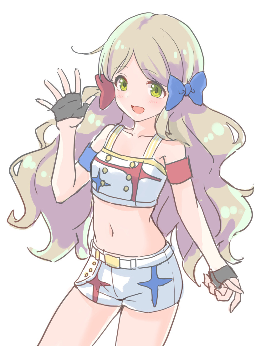 1girl armband belt black_gloves blue_bow bow buttons collarbone commentary_request cowboy_shot crop_top damokan66 fingerless_gloves flat_chest gloves green_eyes hair_bow hand_up handa_roco highres idolmaster idolmaster_million_live! idolmaster_million_live!_theater_days light_blush light_brown_hair long_hair looking_at_viewer low_twintails navel open_mouth parted_bangs print_shirt print_shorts red_bow shirt shorts smile solo stomach thighs twintails waving wavy_hair white_background white_belt white_shirt white_shorts