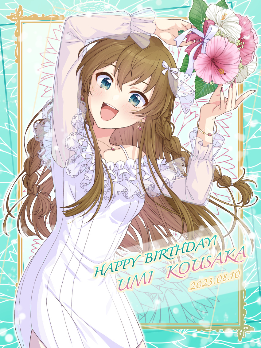 1girl 2023 :d absurdres blue_eyes bouquet bracelet braid brown_hair character_name collarbone dated dress floating_hair flower framed hair_between_eyes hair_ribbon happy_birthday head_tilt hibiscus highres holding holding_bouquet idolmaster idolmaster_million_live! idolmaster_million_live!_theater_days jewelry kousaka_umi long_hair long_sleeves looking_at_viewer nail_polish necklace pink_flower red_nails red_ribbon ribbon see-through see-through_sleeves shiro_(ongrokm) short_dress smile solo sparkle white_dress white_flower white_ribbon