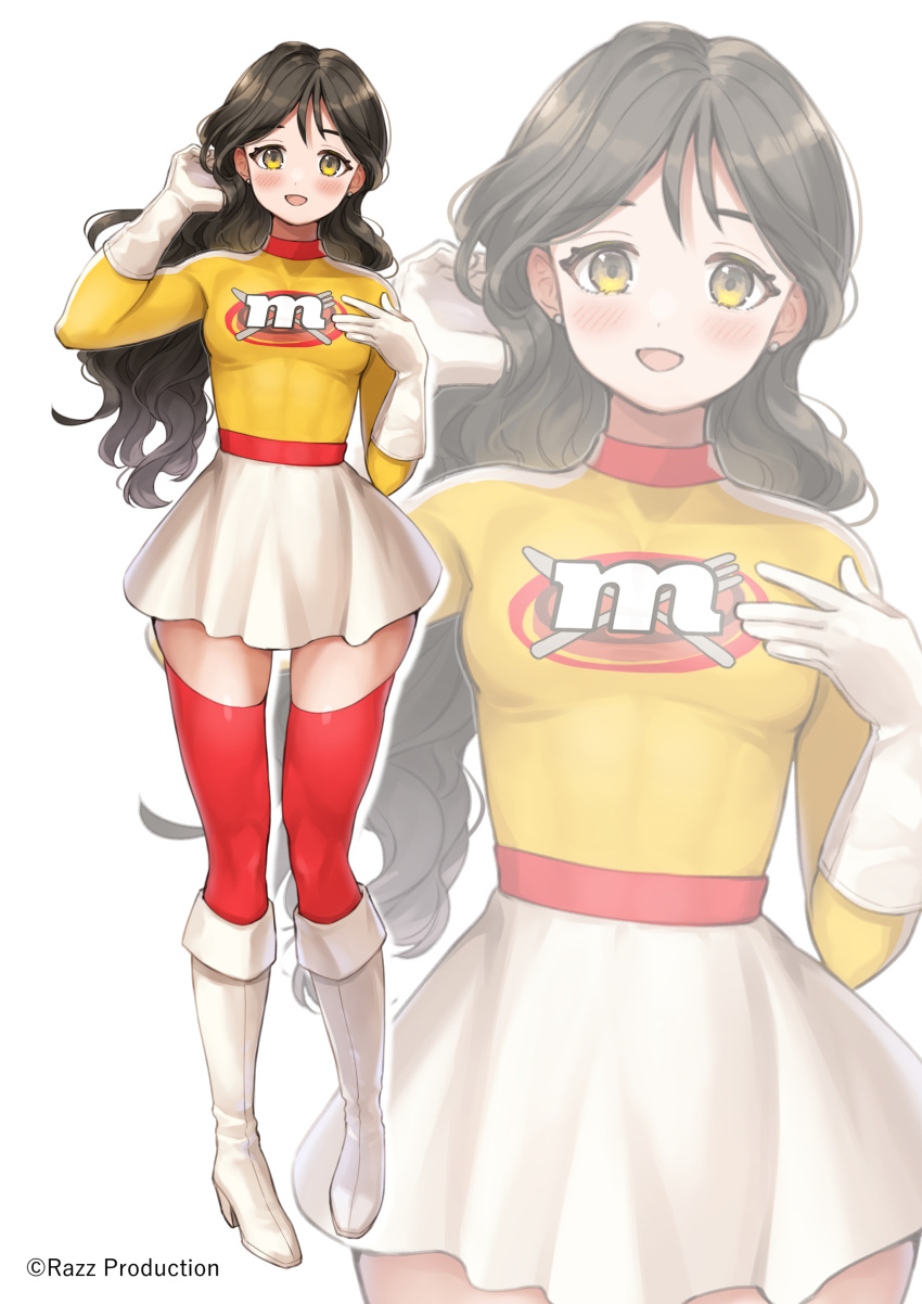 1girl :d absurdres boots brown_hair full_body gloves high_heel_boots high_heels highres long_hair looking_at_viewer open_mouth original red_thighhighs sahara1127 skirt smile solo superhero thigh-highs white_footwear white_gloves white_skirt yellow_eyes