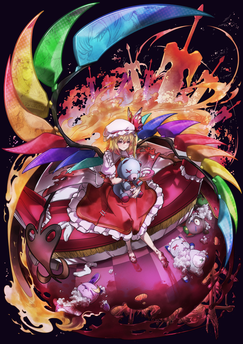 1girl absurdres barefoot blonde_hair blood blood_on_feet character_request check_character crystal_wings fisheye flandre_scarlet frilled_skirt frills hat highres holding holding_stuffed_toy hong_meiling izayoi_sakuya light_smile mob_cap on_bed patchouli_knowledge red_eyes red_sheet red_skirt red_vest remilia_scarlet side_ponytail sitting skirt solo stuffed_animal stuffed_toy sword taiju_(gr09kuma) teddy_bear touhou vest weapon white_headwear wings